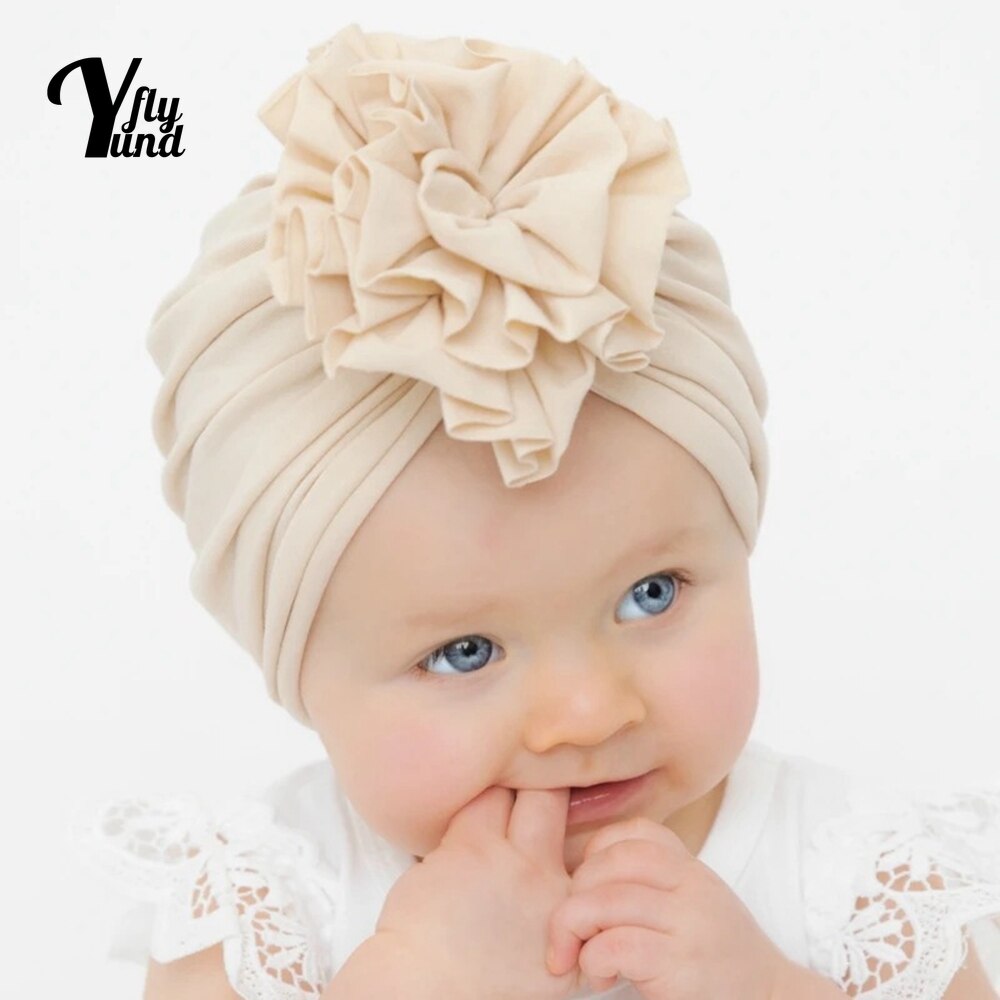 Yundfly Children's Solid Color Knitting Cotton Caps Cute Handmade Folded Flowers Baby Turban Hat Infant Headwear Christmas 
