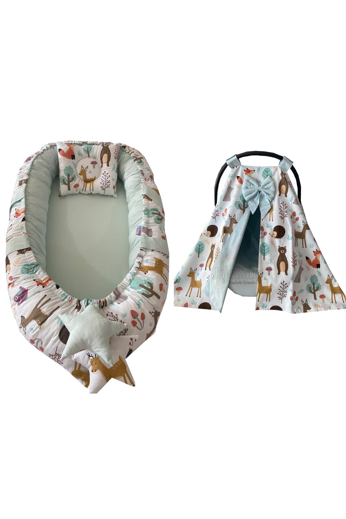 Jaju Baby Handmade, Cute Forest Patterned Babynest and Stroller Cover, Stroller Linen Set of 3 Mother Side Portable Baby Bed