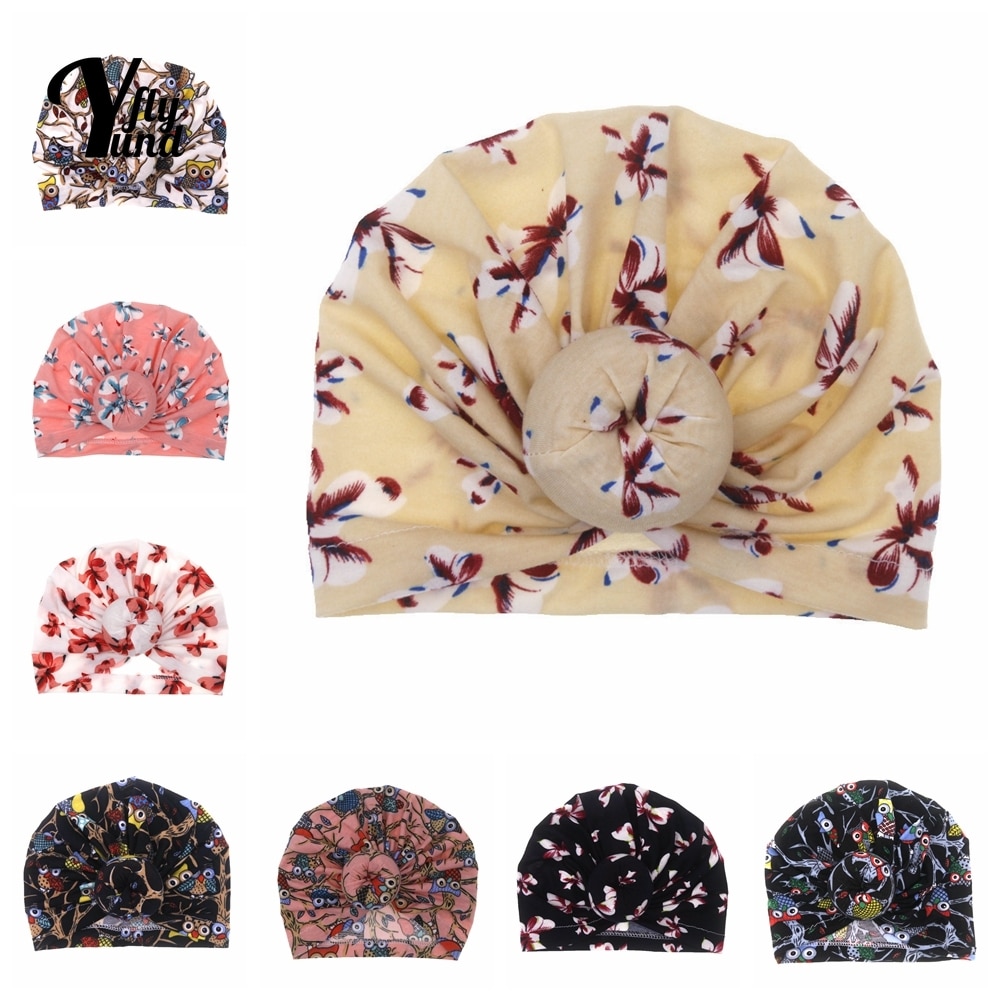 Yundfly Fashion Cartoon Pattern Donut Baby Turban Hat Vintage Print Round Ball Infant Beanie Caps Hair Accessories Holiday Gifts