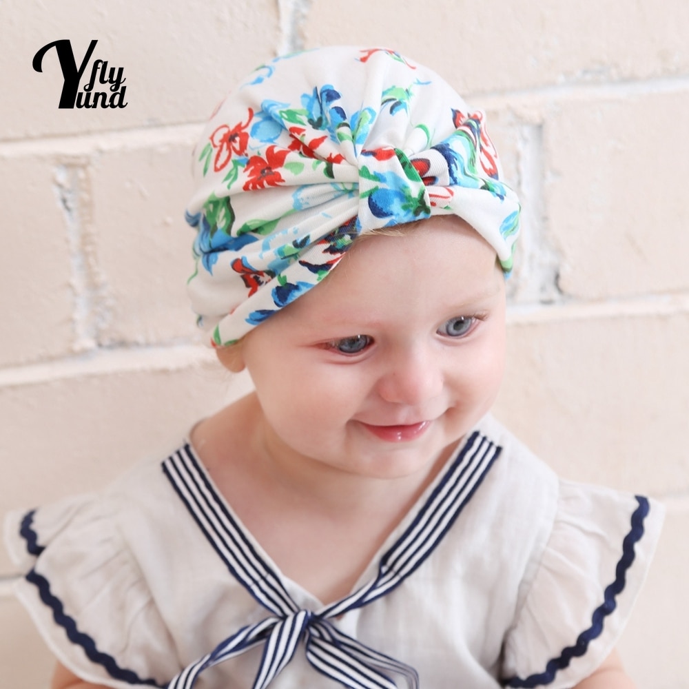 Yundfly 20*14 CM Vintage Print Baby Turban Hat Colorful Flowers Pattern Knotted Cap Kids Headwear Hair Accessories Birthday Gift