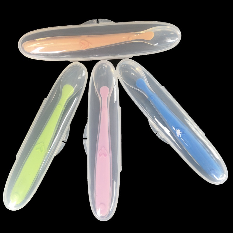 Baby Storage Box Candy Color Soft Silicone Spoon Temperature Sensing Spoon Children Food Feeding Dishes Feeder Appliance