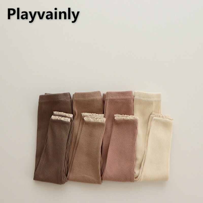 2021 Korean Style New Autumn Kids Girls Leggings Solid Color Elastic Waffle Lace Tights Trousers Children Casual Pants E1255