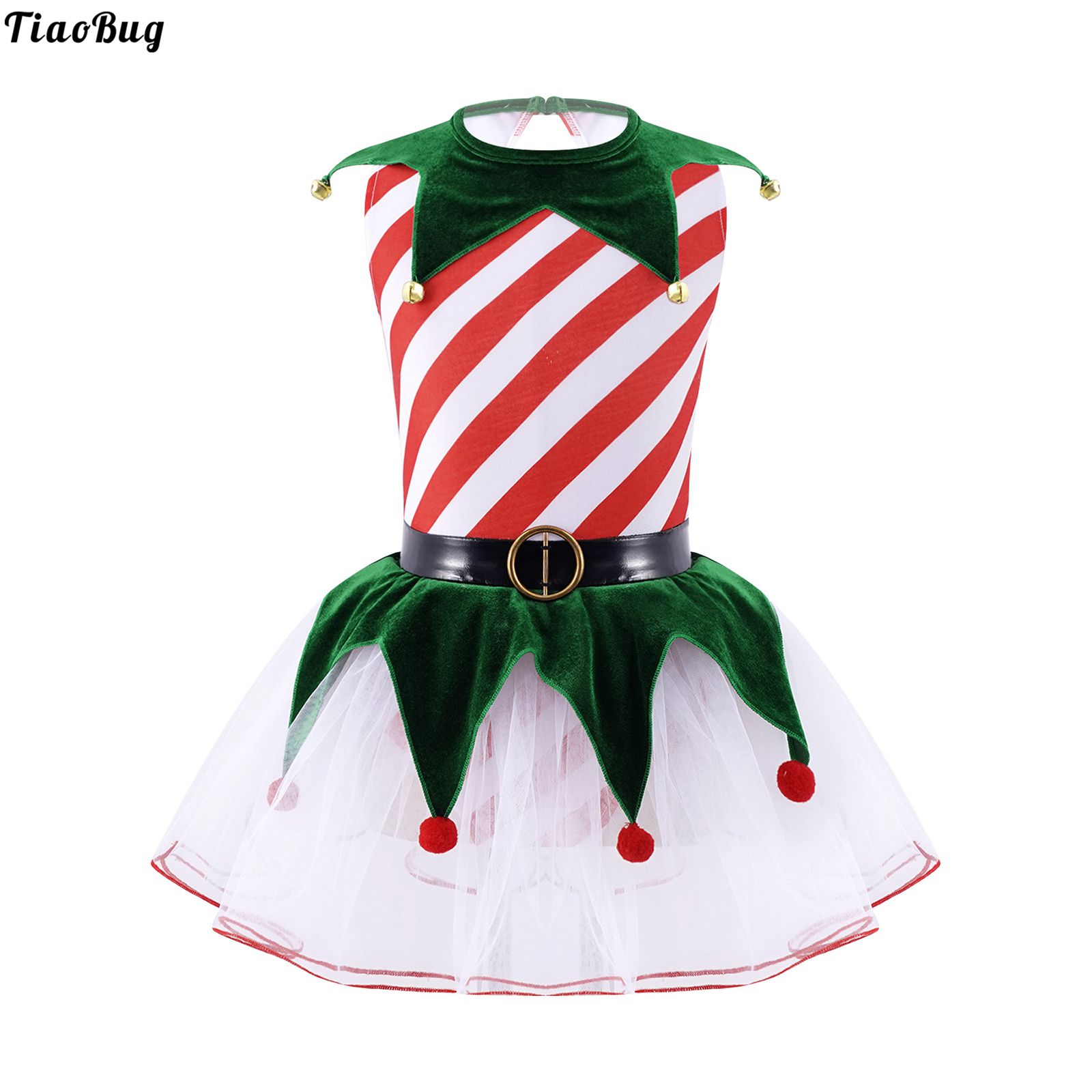Kids Girls Christmas Performance Cosplay Dress Up Party Costumes Sleeveless Stripes Print Hem With Bells Mesh Tutu Dress