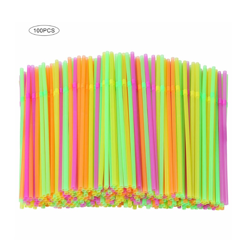 100Pcs Leuchtstoff Kunststoff Biegsamen Trinkhalme Einweg Getränke Strohhalme Hochzeit Dekor