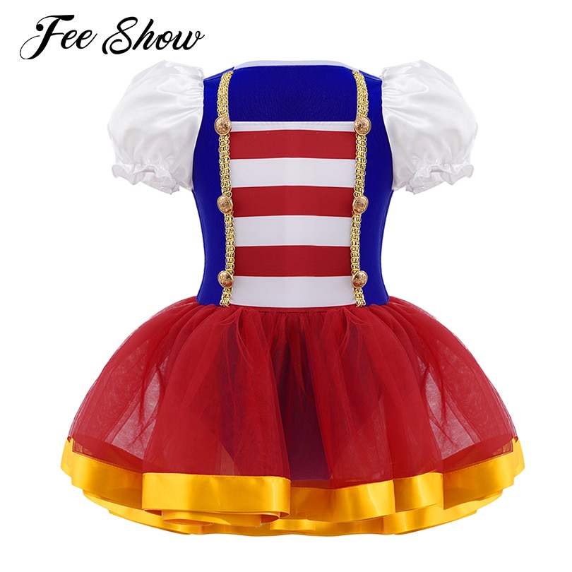 Kids Girls Circus Cosplay Dress Stage Performance Costume Party Mini Dress Ball Gown Short Puff Sleeves Mesh Tutu Dress Jumpsuit