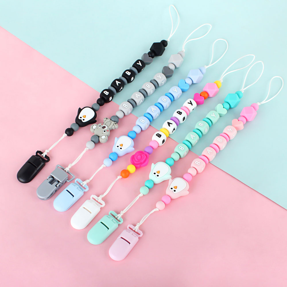 Cute Baby Pacifier Clips Teether Chain Silicone Food Grade Baby Oral Care Product for Infant Personalised Name Dummy Holder Toys