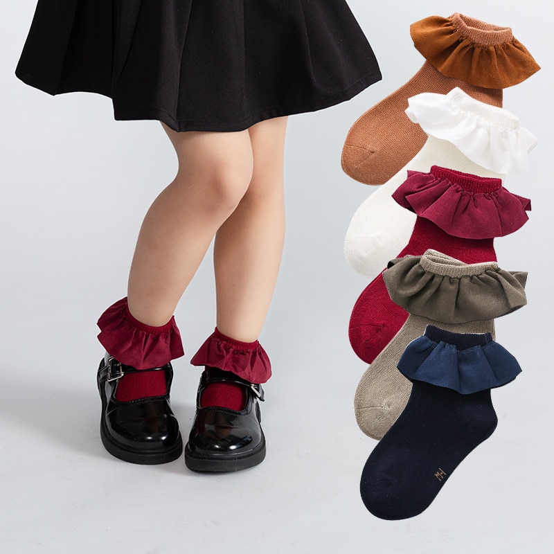 Baby Cotton Socks Girls Ruffled Socks Lace Vintage Color Kids Princess Socks Children Harajuku Accessories Footwear School 2-8Y