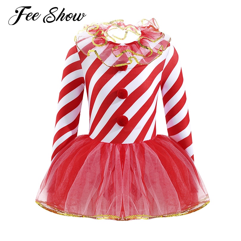 Red Cute Kids Girls Christmas Costume Theme Party Dresses Long Sleeves Open Upper Back Stripes Print Sequins Mesh Jumpsuit Dress