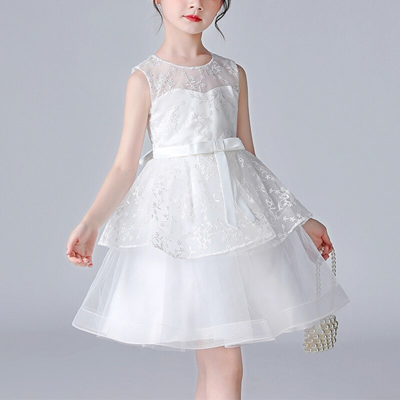 Kids Little Girls' Dress Jacquard Flower Party Birthday Embroidered Mesh Bow Light Blue Knee-lengtSleeveless Princess Sweet