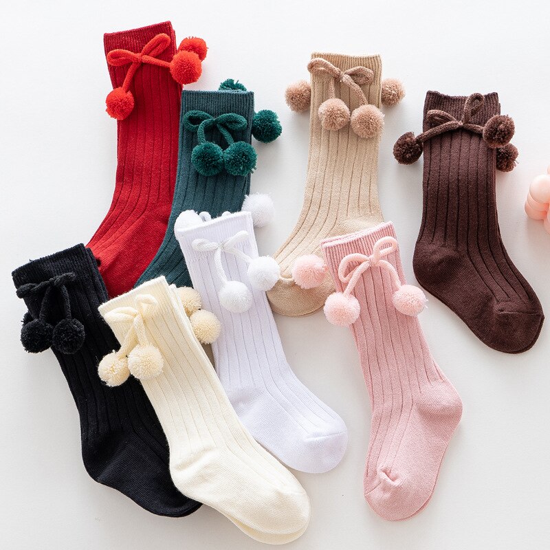 Winter Autumn Baby Girl Socks Cute Pompom Princess Girls Knee High Socks Solid Color Soft Cotton Toddler Kids Socks 3-24Month