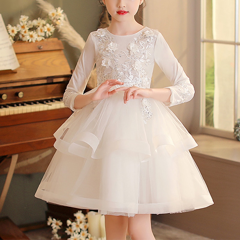Kids Little Girls' Dress Jacquard Butterfly Flower Party Birthday Beaded Embroidered Mesh Knee-length 3/4 Length Sleeve Pri