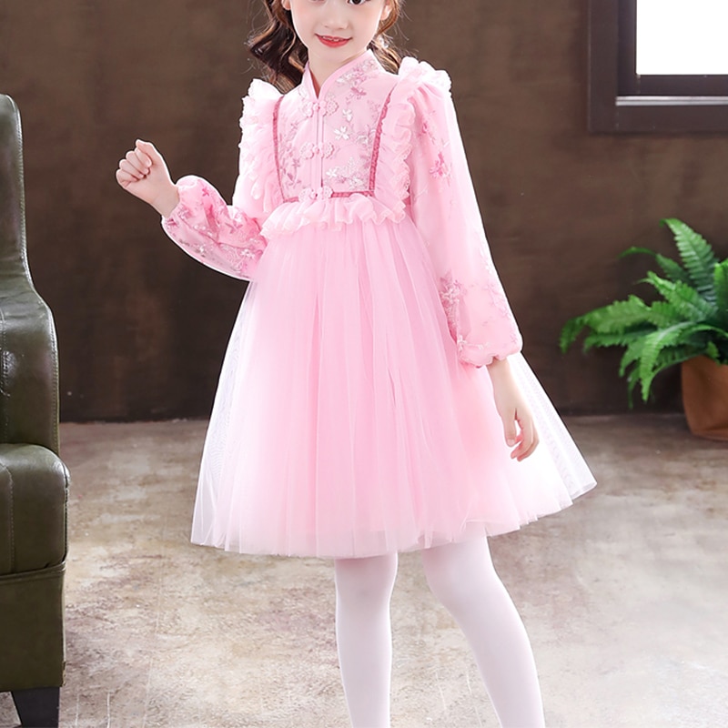 Kids Little Girls' Dress Jacquard Party Birthday Mesh Lace Trims Knee-length Long Sleeve Princess Sweet Dresses Regular Fit