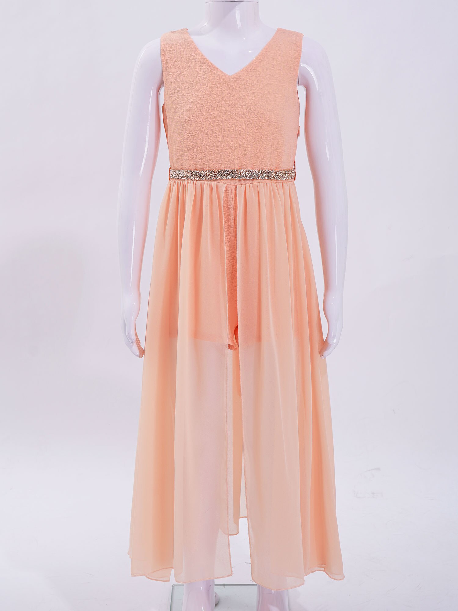 4-16 Kids Dress Girls V Neck Short Jumpsuit Romper Maxi Dress With Sparkly Rhinestone Belt For Pageant Dance Birthday Party