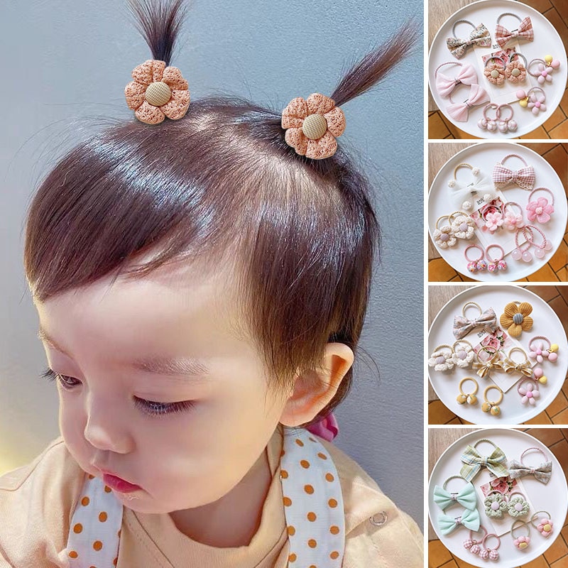 10Pcs/Set Baby Hair Rope Cartoon Flower Lace Bows Kids Rubber Bands Sweet Princess Elastic Children Baby Girl Hair Accessories