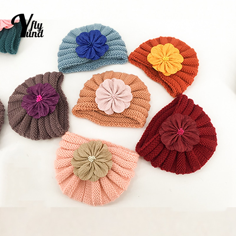 Yundfly16*14 CM Toddler Fashion Crochet Striped Hats Cute Artificial Flower Knitting Wool Caps Baby Headwear Clothing Decoration