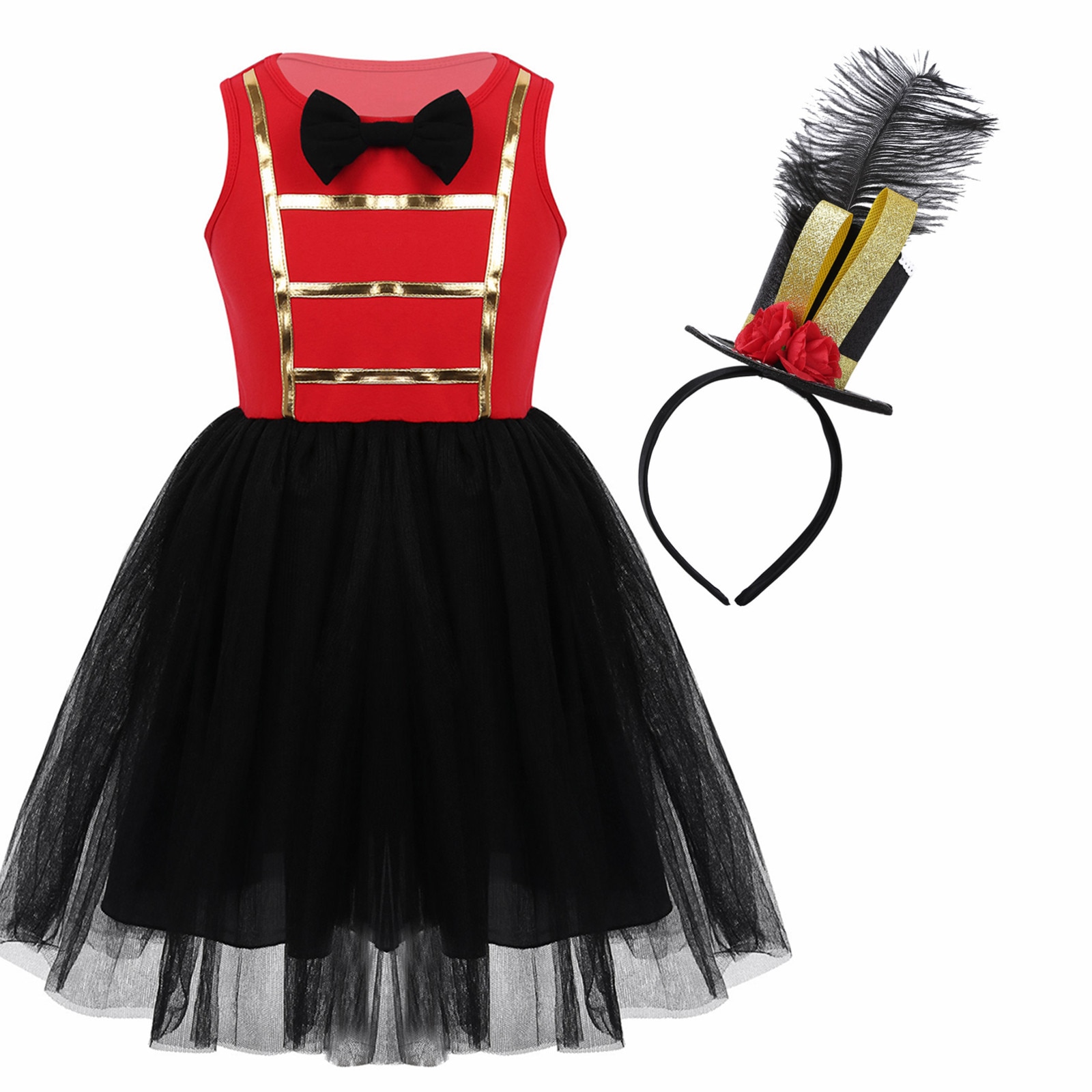 Girls Circus Ringmaster Costume Kids Mesh Tutu Dress for Halloween Cosplay Party Dress with Mini Top Hat Fascinator Headband