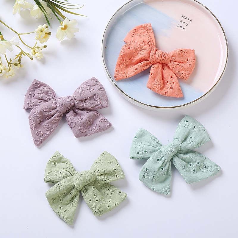 2Pcs/Set Baby Pins Bow Hair Clips For Children Cotton Hairclip Girl Embroidery Hairpin Candy Barrette Toddler Lovely Accessories