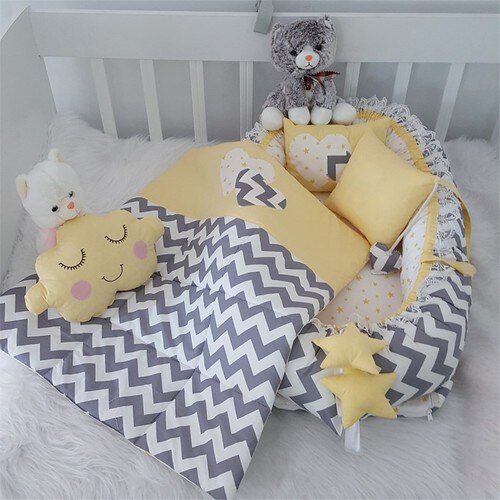 Jaju Babynest Handmade Yellow and Gray Design Zigzag Design Luxy Orthopedic Babynest 5 Pieces Set Mother Side Portable Baby Bed
