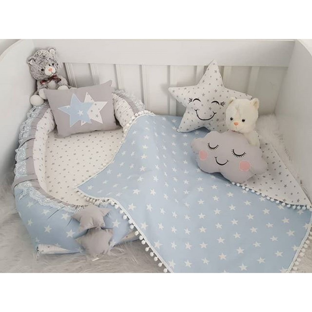 Jaju Baby Handmade Gray and Blue Star Design Pompom Pike Luxury Orthopedic Babynest and 5 Piece Bedding Set Mother Side Portable