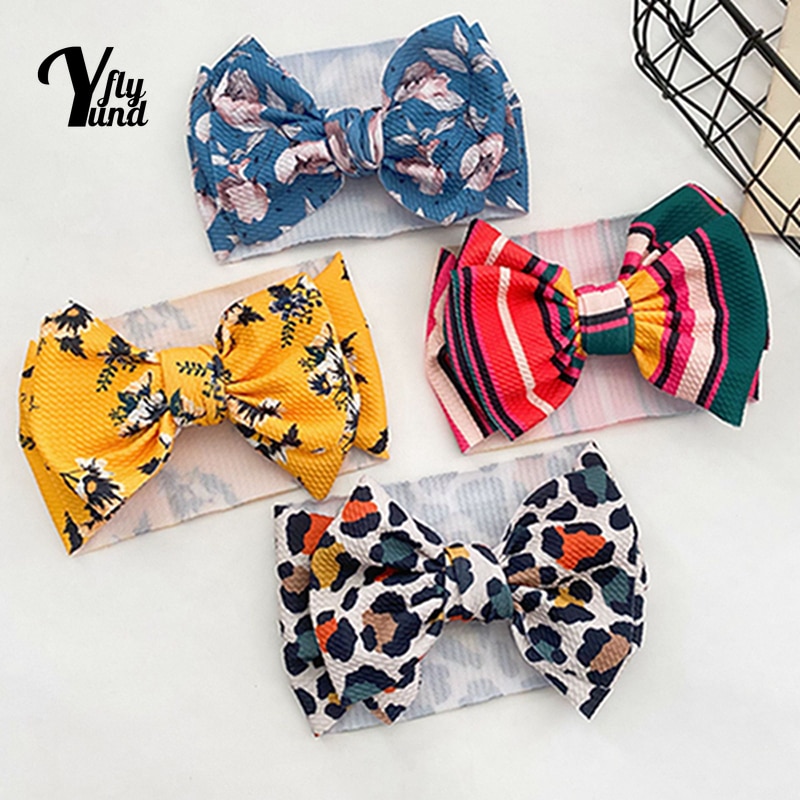 Yundfly 1 PCS Vintage Print Big Bowknot Elastic Wide Headband Cute Handmade Knotted Infant Hairband Baby Headwear Photo Props