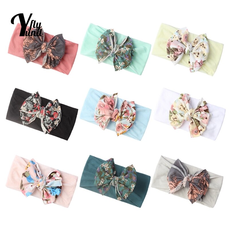 Yundfly 1 PCS Vintage Print Bows Elastic Hairband Toddler Soft Comfortable Nylon Wide Headband Baby Headwear Clothing Decoration