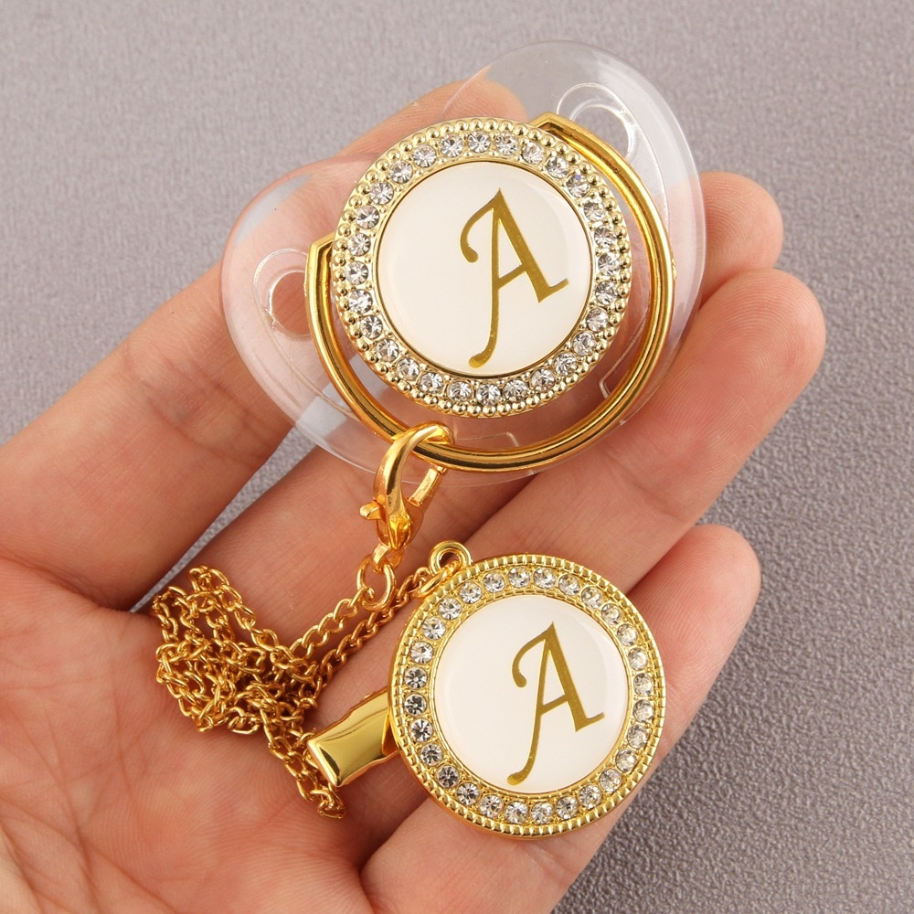 26 Initial Letter Transparent Baby Pacifier with Chain Clip Newborn BPA Free Luxury Bling Dummy Soother Chupeta 0-12 Months