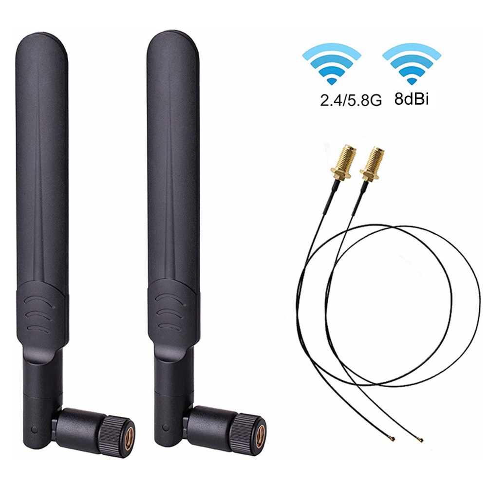 2x8dBi 2.4GHz 5GHz Dual Band WiFi RP-SMA Male Antenna+2 X 35CM RP-SMA to U.FL/IPEX Pigtail Cable For M.2 NGFF WiFi WLAN Card