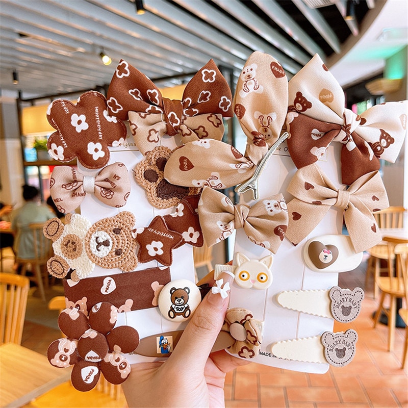 9/10PCS Girls Cute Brown Chiffon Bow Hairpins Kids Sweet Headband Hair Ornament Lace Clips Barrettes Fashion Hair Accessories