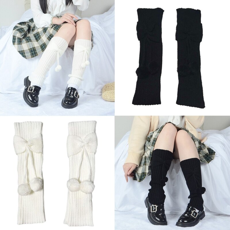 Solid Color Autumn Winter Knee High Children Bowknot Leg Warmers with Ball Knitted Long Socks Boots Cover Stockings