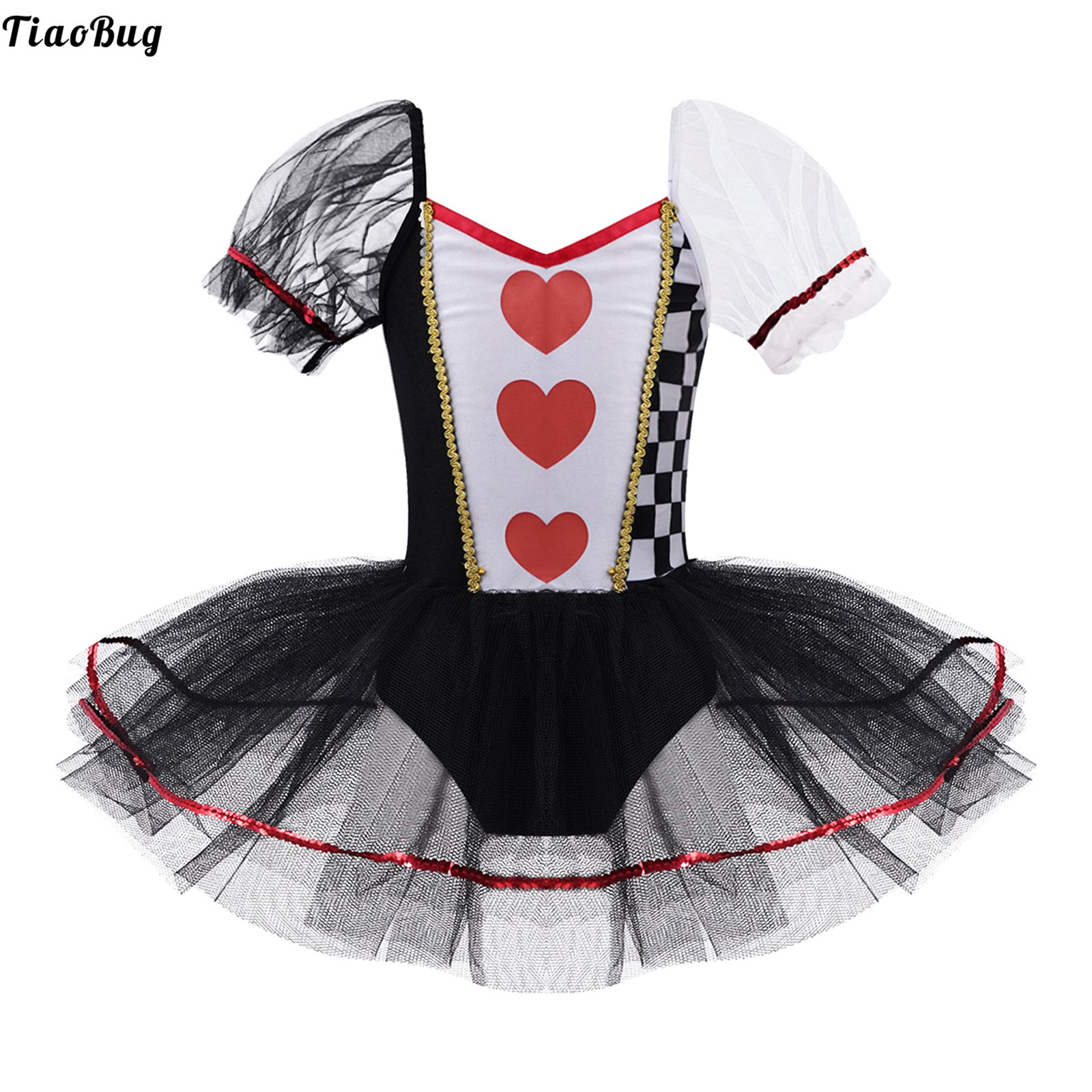 Kids Girls Short Sleeves Hearts Checkerboard Print Mesh Tutu Dress Leotard Costume For Halloween Cosplay Performance Party