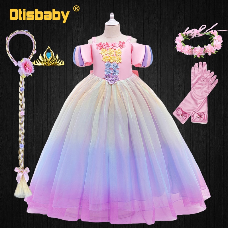 Fantasy Fairy Girls Long Rainbow Flower Rapunzel Princess Dress Christmas Children's Bridesmaid Ceremony Elegant Party Dres