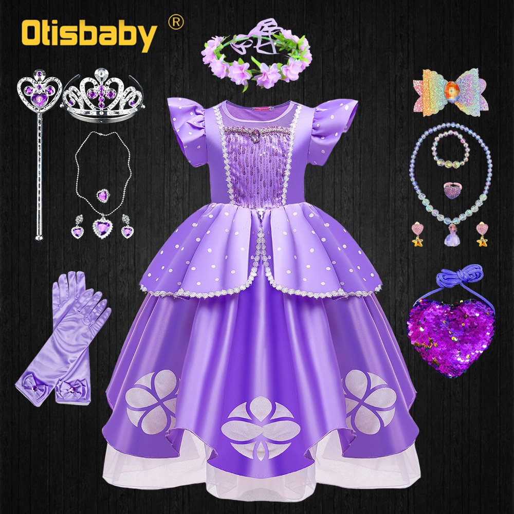 Girl Sofia Dress Halloween Toddler Princess Rapunzel Costume Birthday Party Purple Puff Sleeve Long Dresses Fancy Fairy Jewelry