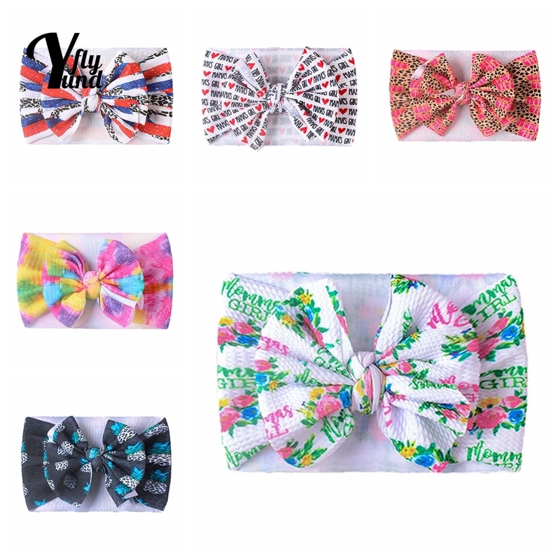Yundfly 18*13 CM Infant Soft Comfortable Elastic Wide Hairband Fashion Print Bowknot Baby Girls Headband Bows Headwear Kids Gift