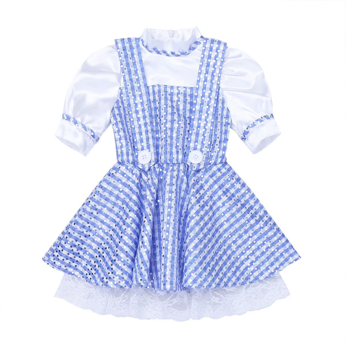 TiaoBug Kids Girls Dress Short Sleeves Polka Dots Plaid Halloween Costumes Cosplay Blue Kids Party Dress 2021