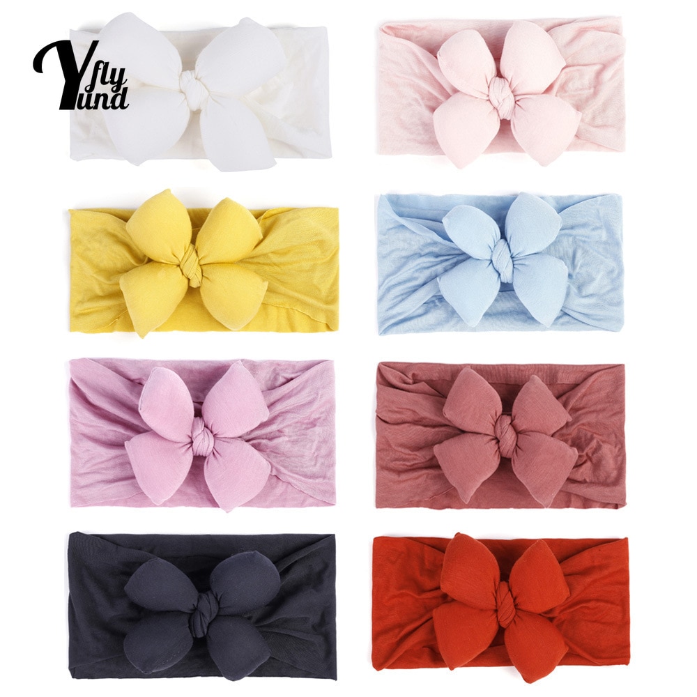 Yundfly 1 PCS Soft Skin-friendly Warm Cotton Newborn Headband Solid Color Handmade Bowknot Elastic Wide Hairband Baby Headwear