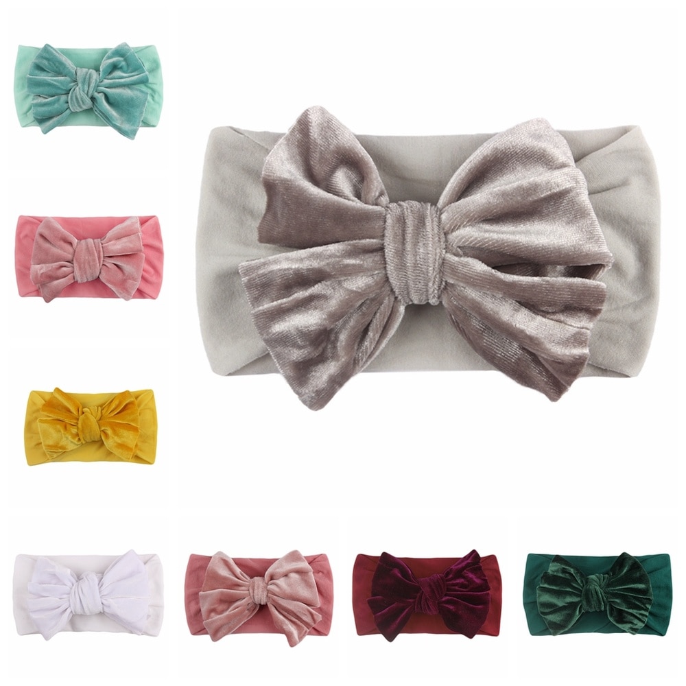 Yundfly 1 PCS Toddler Soft Skin-friendly Gold Velvet Bows Headband Solid Color Handmade Bows Elastic Wide Hairband Baby Headwear