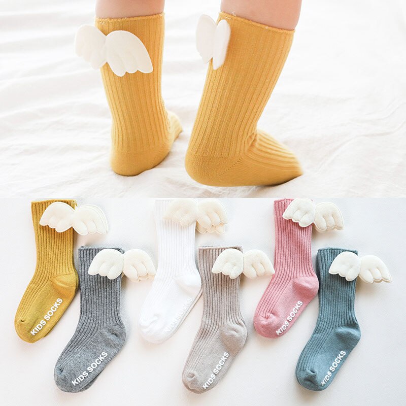 Toddler Baby Kids Soft Cotton Angel Wings Socks Winter Girls Knee High Anti Slip Crawling Stocking Long Newborn Leg Warmers