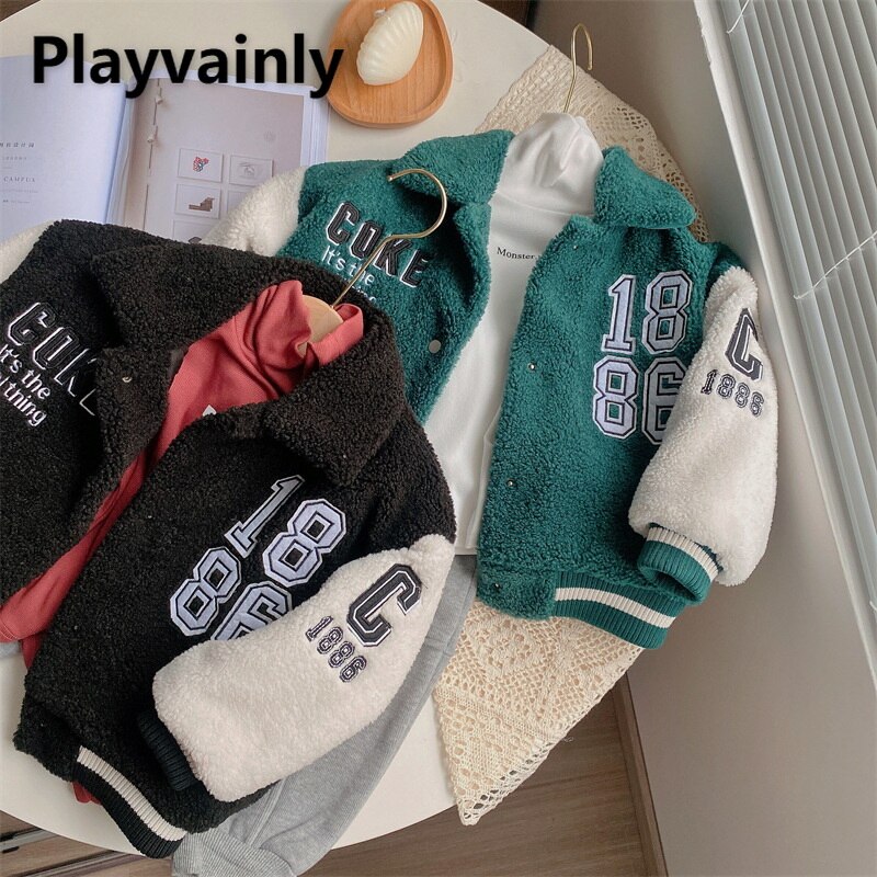 2021 Korean Style New Winter Kids Girls Boys Coat Green Black Patchwork Letter Baseball Uniform Children Warm Fashion Top E8216