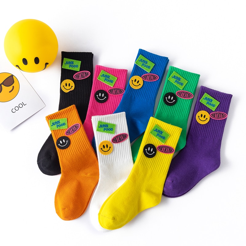 3-12 Years Fashion Kids Socks Kawaii Smiley Candy Color Soft Full Cotton Boys Girls Student Sports Tube Socks for Spring Autumn