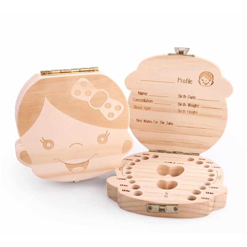 Wooden Baby Kids Tooth Storage Box English/Spanish/French/Russian/Italian Teeth Umbilical Lanugo Organizer Gift Keepsakes Save