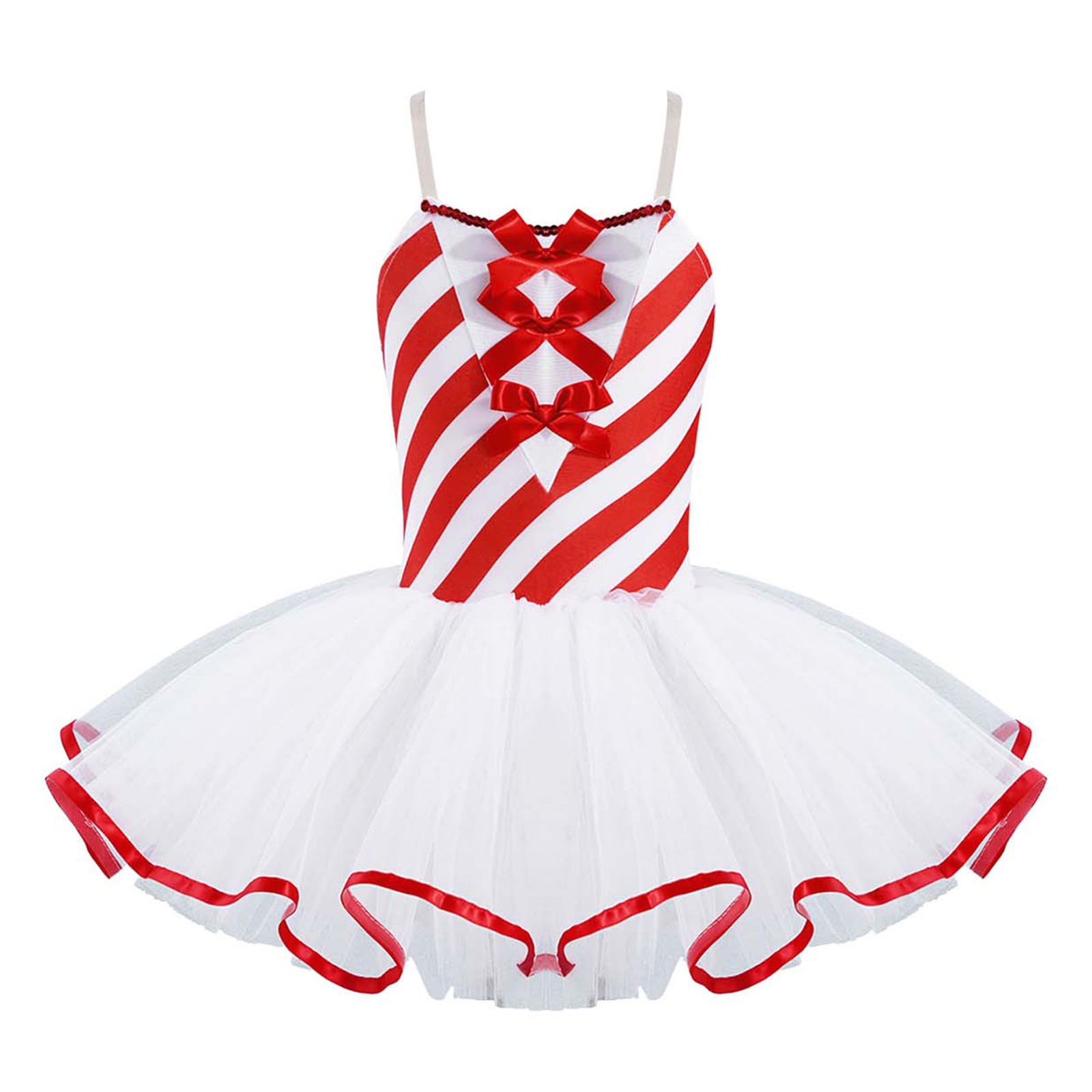 Kids Girls Christmas Ballet Tutu Dress Sleeveless Straps Stripes Gymnastics Ballet Leotard Dress For Stage Performance Dancewear