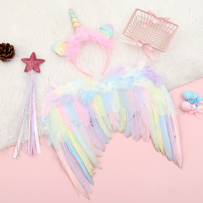 Little Fairy Dress Up Set Sequin Bright Crown Unicorn Headbands Kids Unicorn Hair Headbands Fairy Wand Feather Wings 3-Piece Set