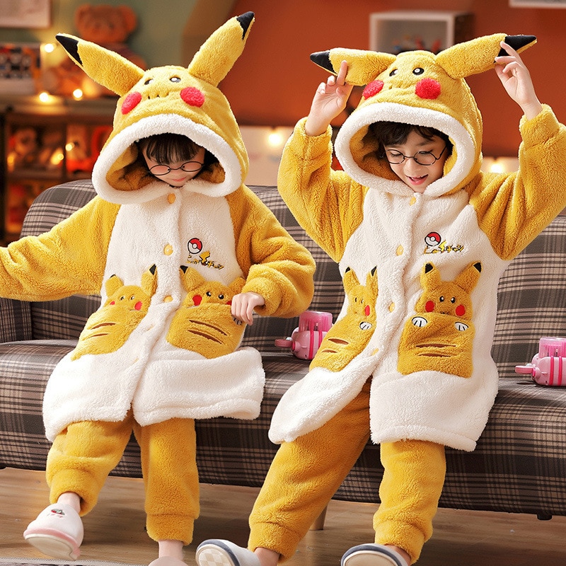 Kids Pajamas Sets Coral Fleece Winter Thickened Cartoon Hooded Boys Girls Flannel Long Robe Nightgown Family Matching Outfits
