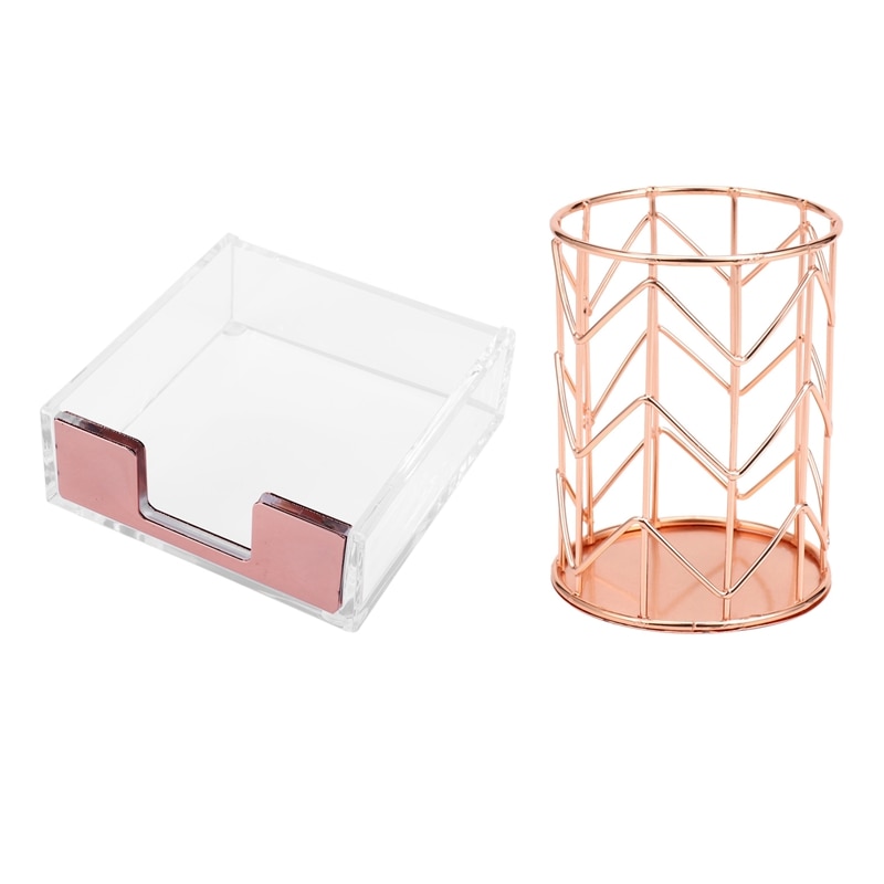 1 Pcs Pen Holder, Makeup Brush Holder Wire Iron Pencil Holder & 1 Pcs Clear Acrylic Rose Gold Self-Stick Memo Note Box
