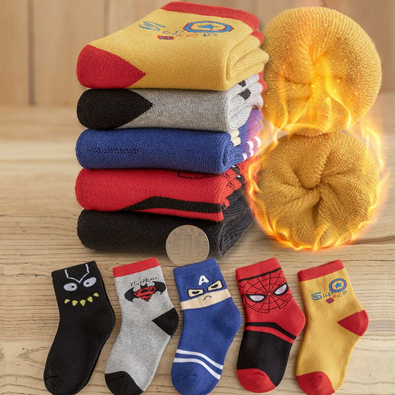 5Pairs Children Socks 1-12 Years Boys Girls Winter Pure Cotton and Wool Socks Cartoon Tube Thick Socks Terry Socks Baby Warm