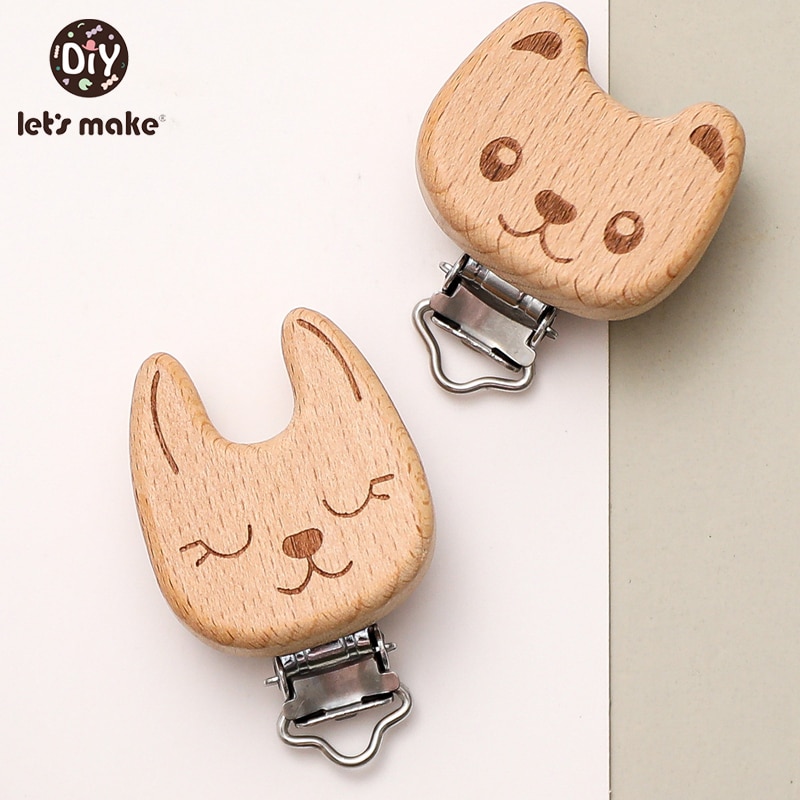 Let's Make 3Pcs New Beech Wood Animal Pacifier Clip Fox Bear Wooden Clip Children's Soother Pacifier Without BPA Baby 