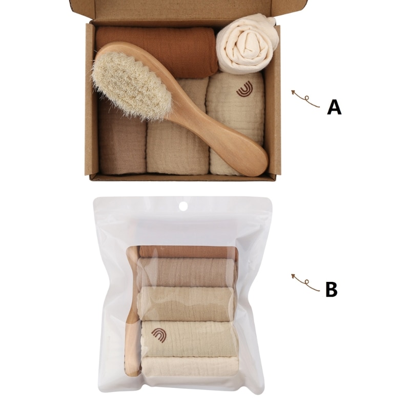 5 Pcs Baby Cotton Square Towel with Newborn Hair Brush Infant Hand Face Washcloth Handkerchief Muslin Cloth Feeding Bib