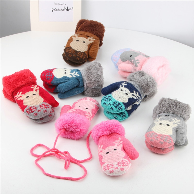 0-3T Children's Mittens Warm Thick Plus Velvet Kids Girls Boys Gloves Knitted Winter Children Toddler Rope Mitten Christmas