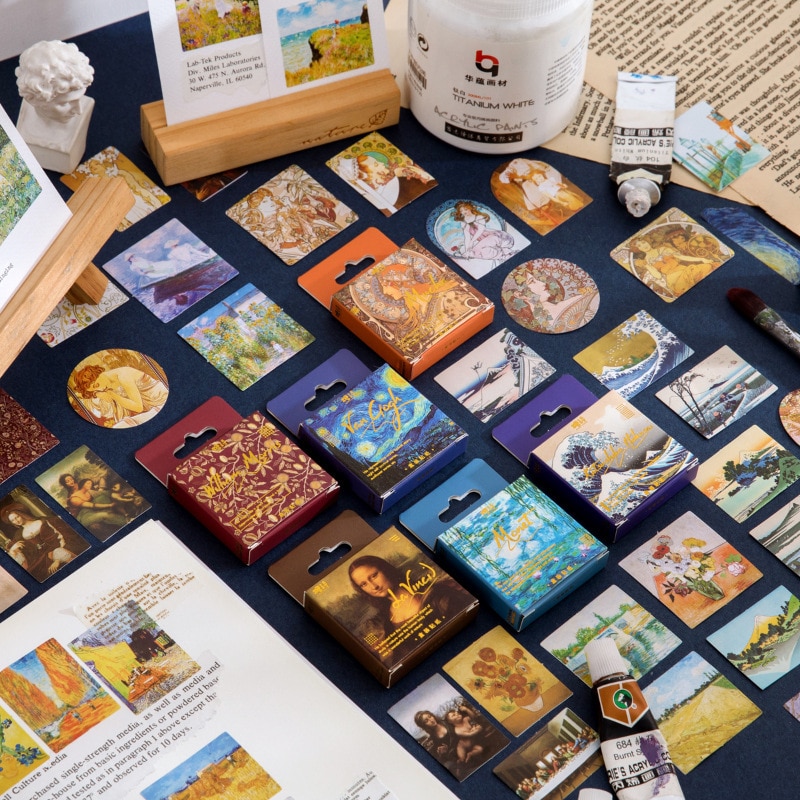BULA 45pcs Multi Painting Stickers Set Van Goah Mucha Monet Da Vinci Morris Drawing Stamp Sticker Diary Adhesive Decoration
