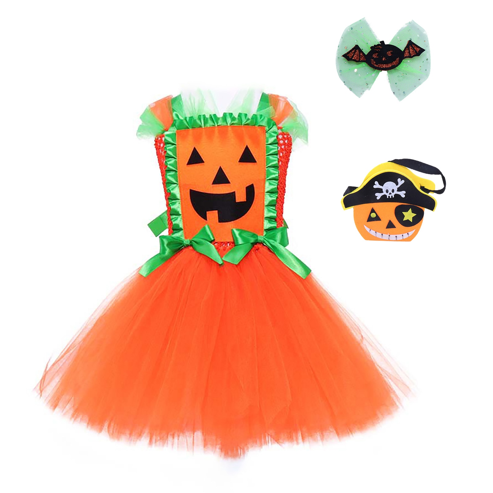 Kids Girls Halloween Costumes Pumpkin Pattern Mesh Tutu Dress Cami Dress With Hairpin And Candy Bag Set For Halloween Stage